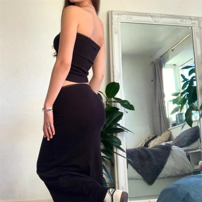 2PCS Black Tube Top + Maxi Skirt Set