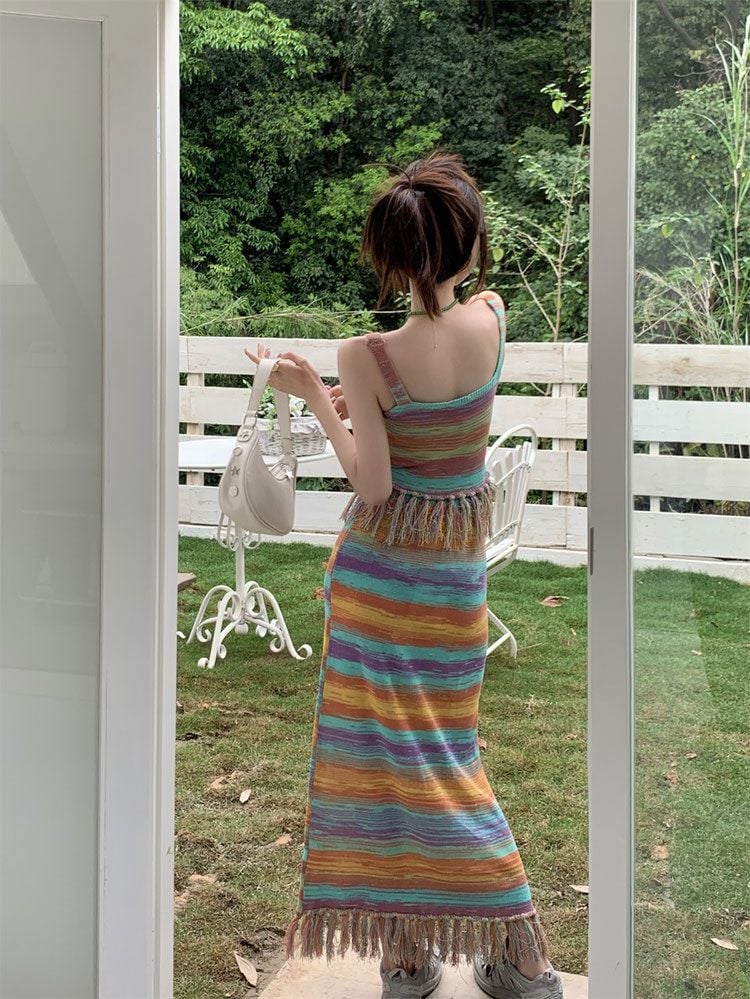 Rainbow Stripe Tassel Tank Top + Maxi Skirt