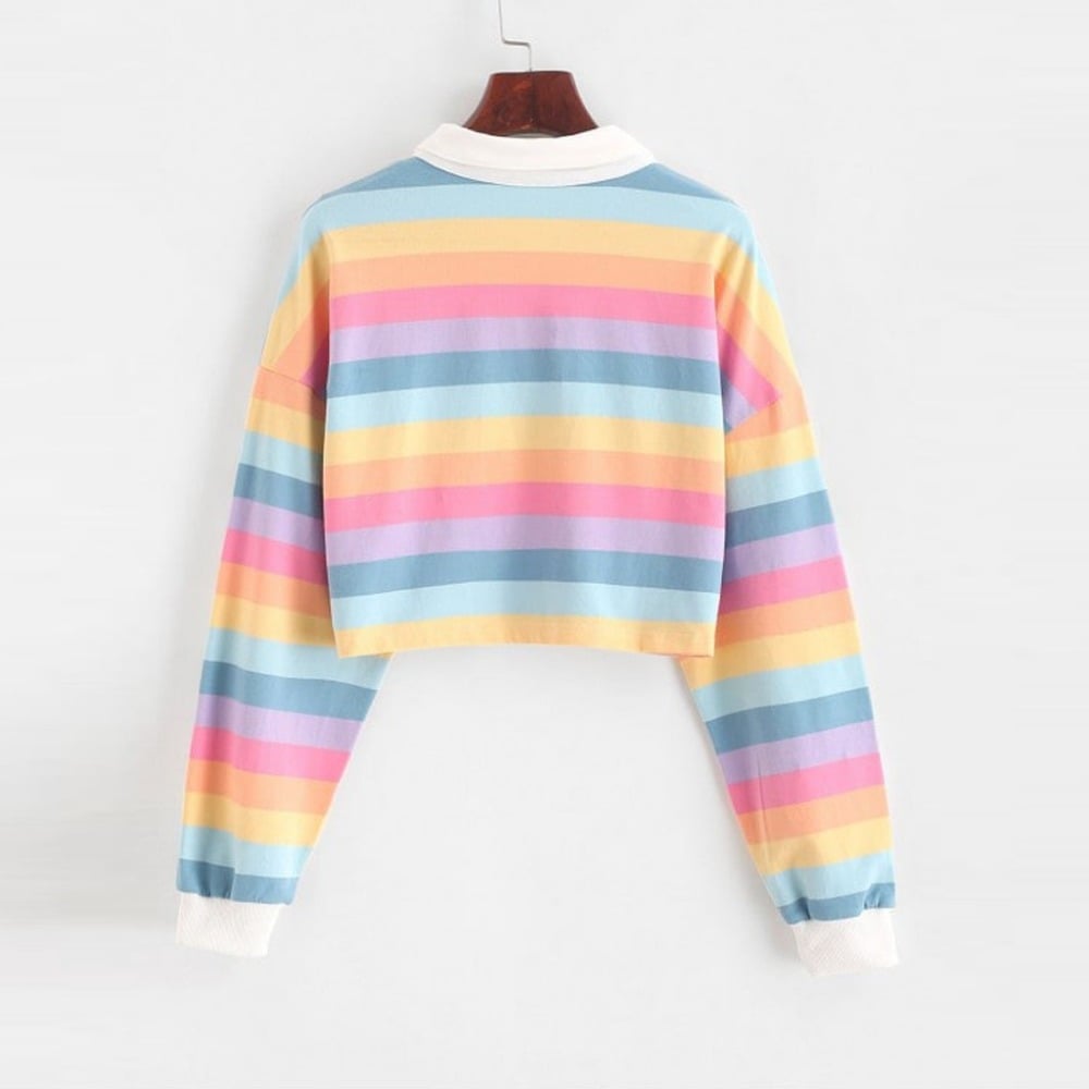 Cute 90s Rainbow Butron Crop Top Sweatshirt Sweater Oversized Hoodies Long Sleeve Shirt Top E-Girl Kawaii Korean Japanese Harajuku Retro Streetwear