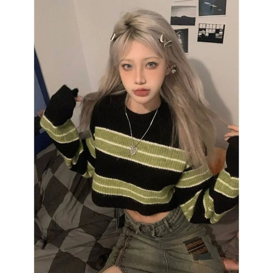 Green & Black Cropped Sweater
