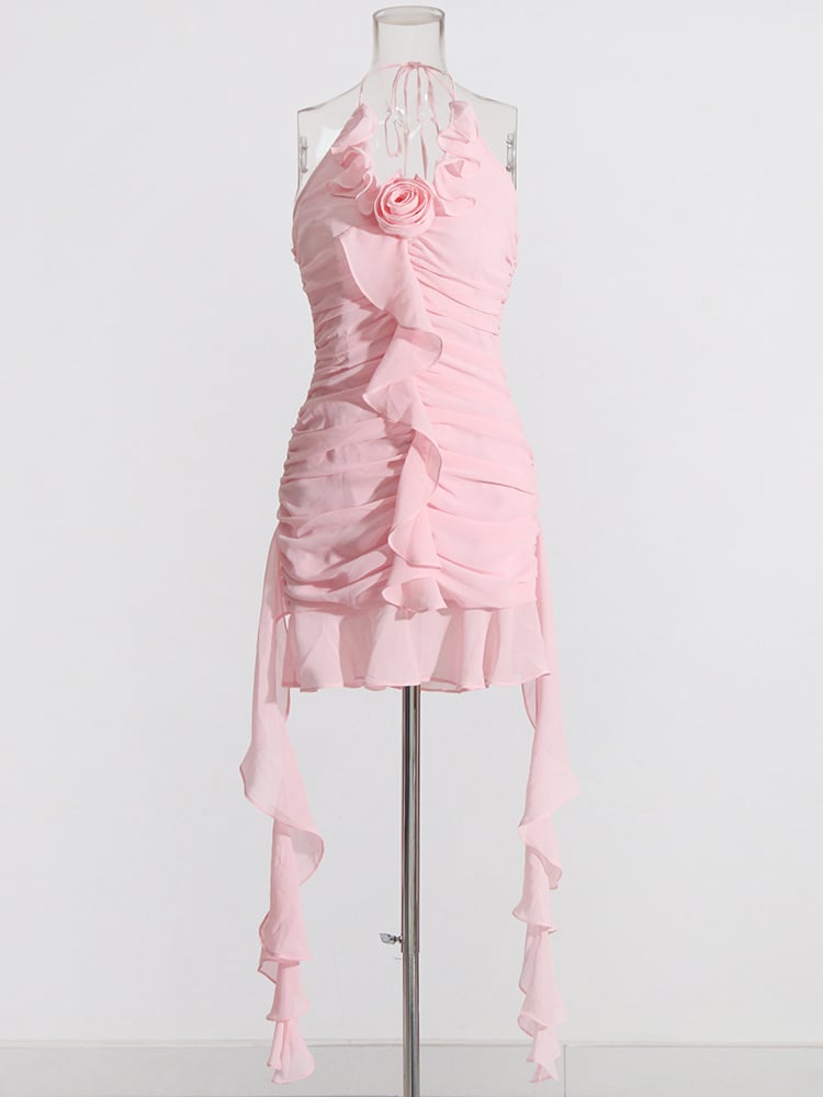 Pink Flower Halter Fold Mini Dress