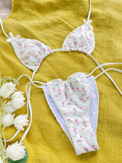 2PCS Floral Print Bow Triangle Bikini Set