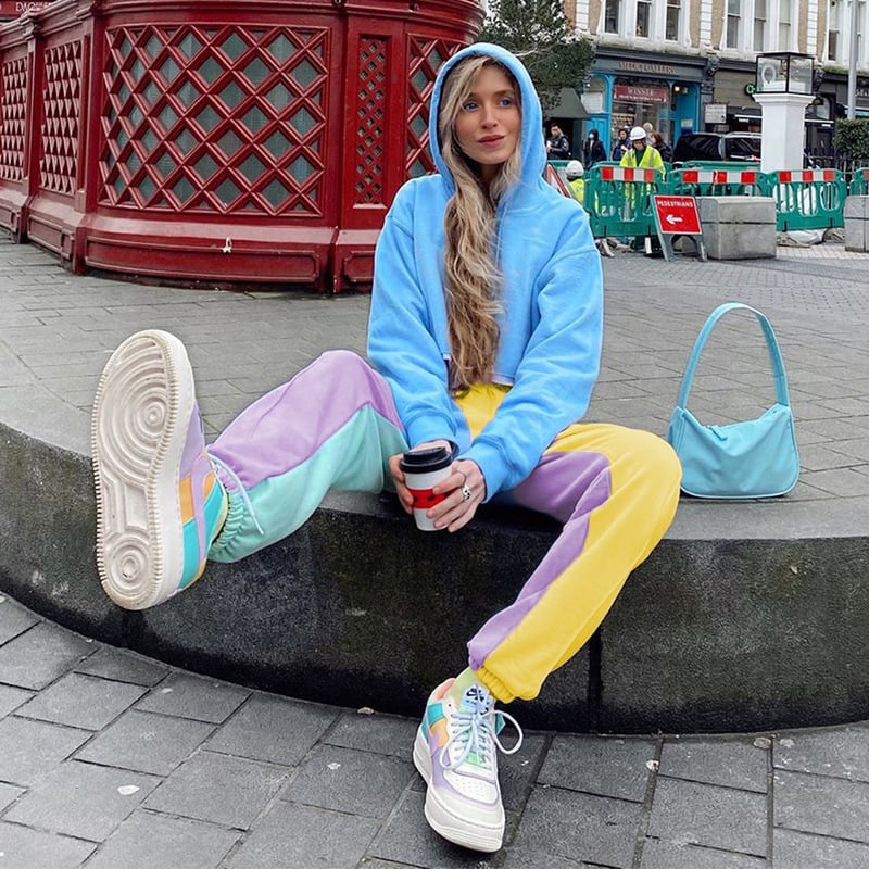 Cute Patchwork Color Contrast Baggy Jogger Pink Blue Sweatpants High Waist Trousers E-Girl Kawaii Korean Japanese Harajuku Retro Streetwear Aesthetic