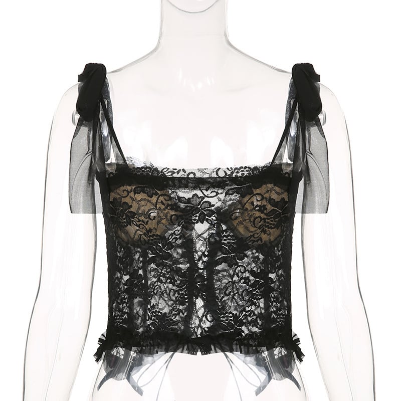 Black Lace Sheer Bow Tie Corset Top