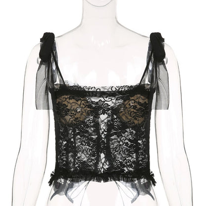 Black Lace Sheer Bow Tie Corset Top
