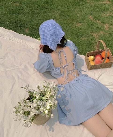 Cute Blue French Square Neck Puff Sleeve Backless Bandage Mini Dress Summer Aesthetic Casual E-Girl Kawaii Korean Japanese Harajuku
