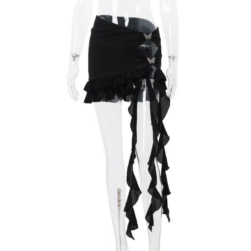 Black Butterfly Ruffle Hollow Out Split Mini Skirt