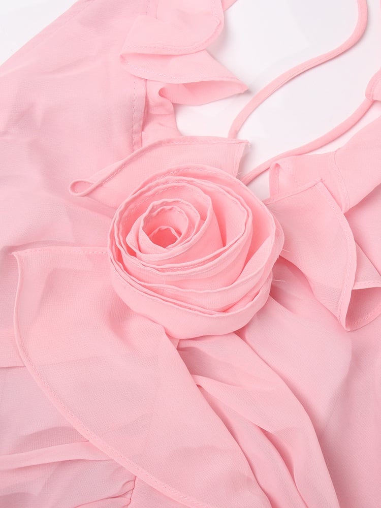 Pink Flower Halter Fold Mini Dress