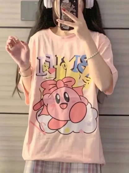 Pink Anime Cartoon Print Short Sleeve T-shirt
