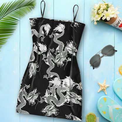 Cute Sexy Dragon Print Sleeveless Split Club Bodycon Mini Dress Party E-Girl Kawaii Korean Japanese Harajuku Chinese Retro Streetwear Aesthetic