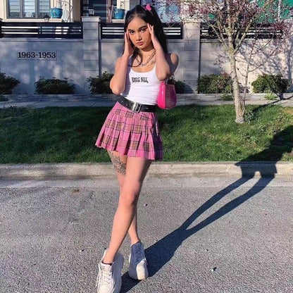 Cute Pink Plaid Checkered Pleated High Waisted Mini Skirt A-line Chic Goth Punk Club E-Girl Kawaii Korean Japanese Harajuku Streetwear