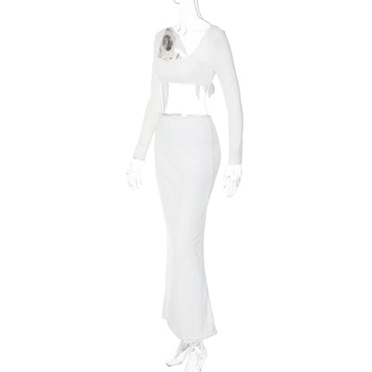 2PCS White Rose Long Sleeve Crop Top + Maxi Skirt