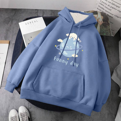 Cute Dog Poodle Earth Cartoon Print Oversized Loose Hoodie Sweater Sweatshirt Pullober Jumper Casual E-Girl Kawaii Korean Japanese Harajuku Streetwear