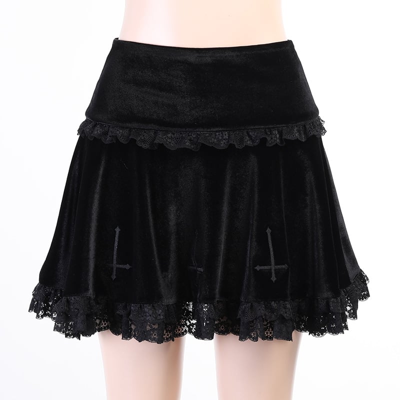 Cute Sexy Goth Black Cross Skirt Vintage Lace Trim A-Line Grunge Punk High Waist Ruffle Summer E-Girl Kawaii Korean Japanese Harajuku Streetwear