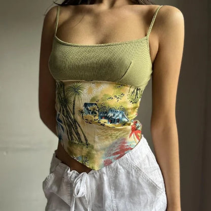 Green Vacation Print Patchwork Tank Top