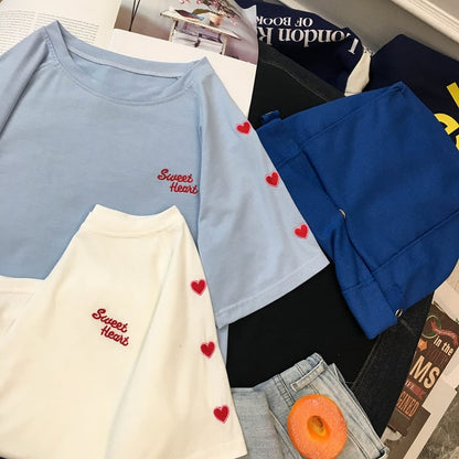 Cute Sweet Heart Embroidery Shirt T-shirt Tee Top Kawaii Korean Japanese Harajuku Chinese Retro Streetwear Aesthetic Fashion