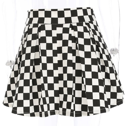 Cute Sexy Checkered Pleated Black White Sash High Waisted Skater Skirt E-Girl Kawaii Korean Japanese Harajuku Streetwear
