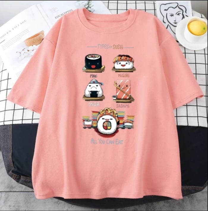 Cute Sushi Food Graphic Cartoon Print Loose Short Sleeve T-shirt Aesthetic Casual Summer E-Girl Kawaii Korean Japanese Harajuku