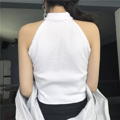 Cute Black White Sexy Knit Zipper Sleeveless Shirt Crop Top Tank Camisole Aesthetic Casual E-Girl Kawaii Korean Japanese Harajuku