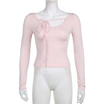 Sweet Lace Up Slash Neck Long Sleeve Shirt