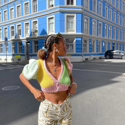 Pastel Crochet V Neck Short Sleeve Shirt