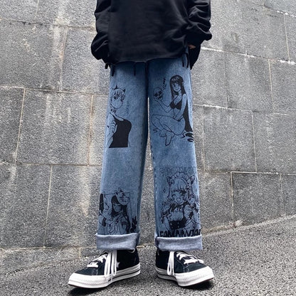 Cute Anime Girl Cartoon Print Denim Jeans Trousers Wide Leg Pants Bottoms Aesthetic Casual Summer E-Girl Kawaii Korean Japanese Harajuku