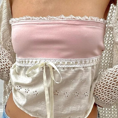 Off Shoulder Lace Trim Patchwork Top