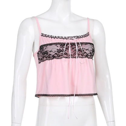 Cute 90s Light Pink Lace Sleeveless Ruffle Frill Tie Up Crop Top Camisole Tank Shirt Summer Party E-Girl Kawaii Korean Japanese Harajuku Streetwear