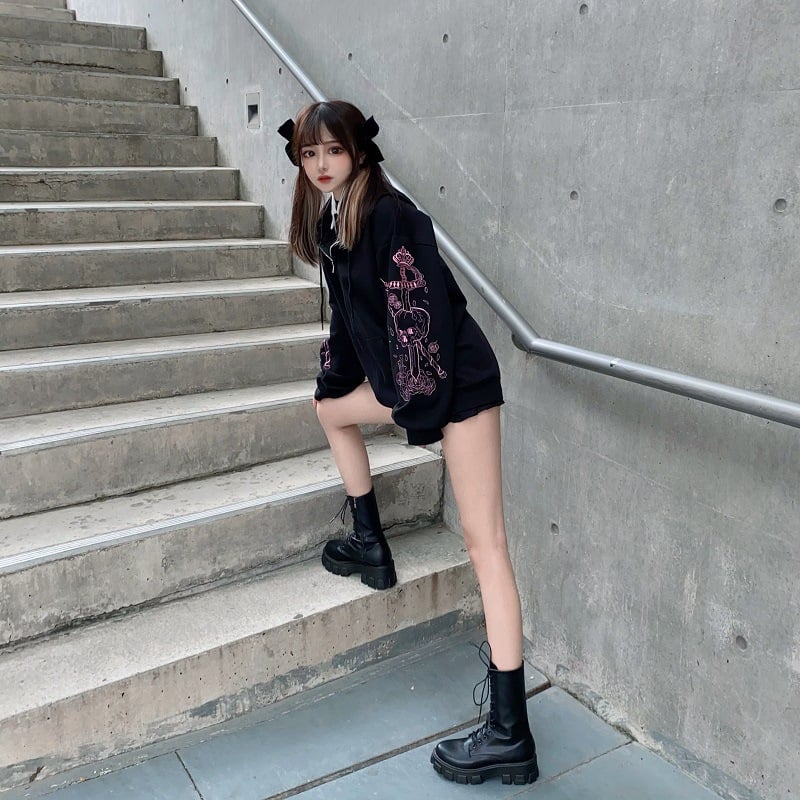 Black Skull Sword Print Zip Up Hoodie