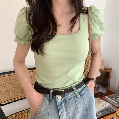 Green Puff Sleeve Square Collar Top