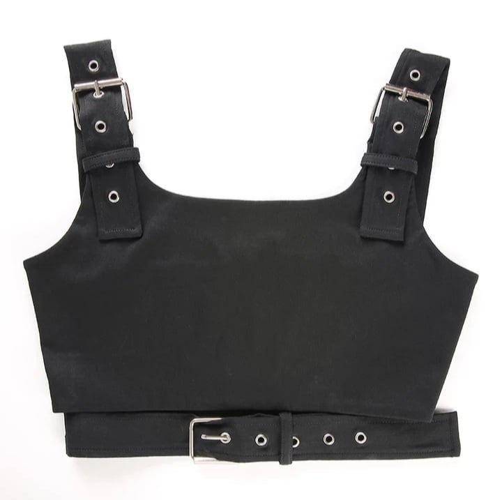 Cute Black Buckle Belt Tank Crop Top Sleeveless Shirt Camisole Bustier Corset Punk Goth Summer Aesthetic E-Girl Kawaii Korean Japanese Harajuku