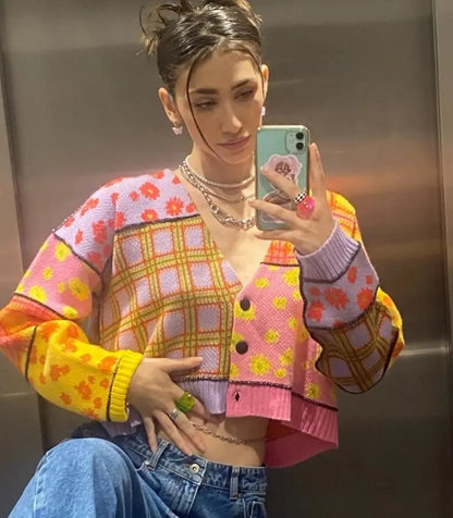 Funky Colorful Pattern Sweater Cardigan