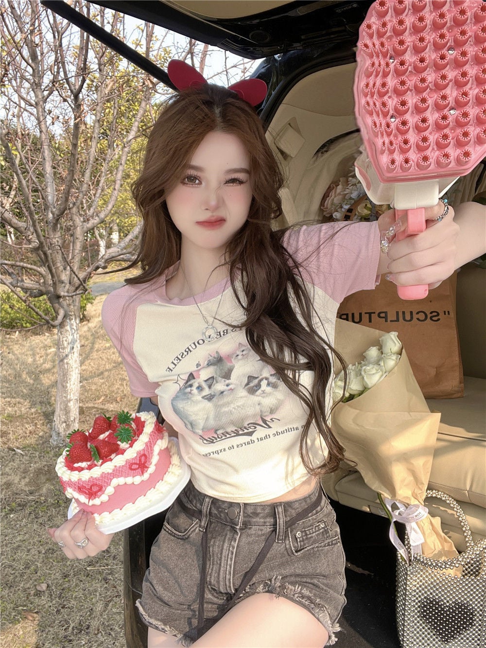 Cat Cartoon Patchwork Print Short Sleeve T-shirt