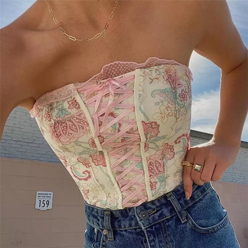 Pink Floral Print Corset Bandage Bustier Crop Top Sleeveless Shirt Summer Aesthetic Casual E-Girl Kawaii Korean Japanese Harajuku
