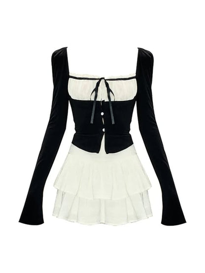 2PCS Long Sleeve Square Collar Top + Mini Tierred Ruffle Skirt