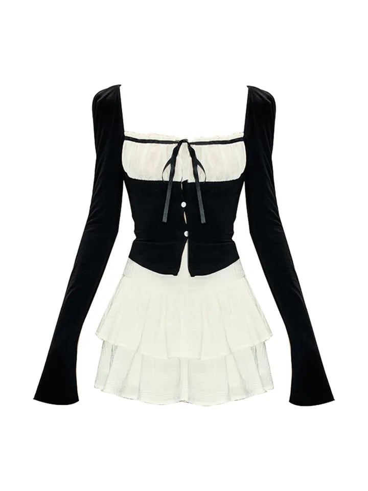2PCS Long Sleeve Square Collar Top + Mini Tierred Ruffle Skirt