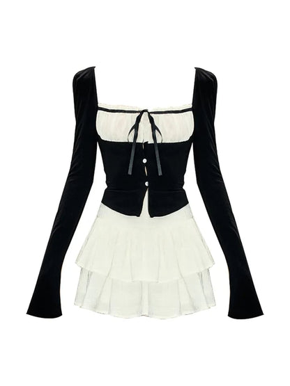 2PCS Long Sleeve Square Collar Top + Mini Tierred Ruffle Skirt