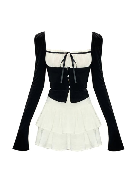 2PCS Long Sleeve Square Collar Top + Mini Tierred Ruffle Skirt