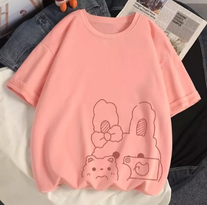 Cute Rabbit Bunny Camera Graphic Cartoon Print Loose Short Sleeve T-shirt Aesthetic Casual Summer E-Girl Kawaii Korean Japanese Harajuku