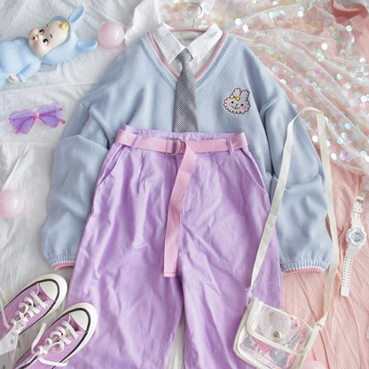 Cute Bunny Rabbit Embroidery Preppy Knit V Neck Vest Sweater Sweatshirt Loose Jumper Pullover Casual E-Girl Kawaii Korean Japanese Harajuku Streetwear