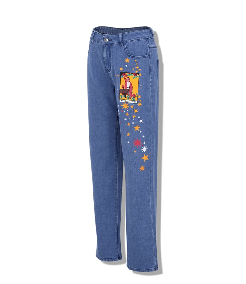 Vintage Star Moon Night Sky Women Heans Pattern Print Autumn Winter Demin Trouser Blue Pants Bottom E-Girl Kawaii Korean Japanese Harajuku Streetwear