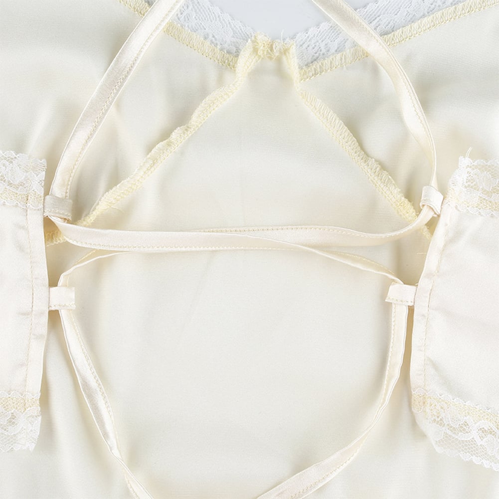 Sexy Bandage Lace Trim Sweet Satin V Neck Crop Top Camisole Spaghetti Strap Backless Shirt E-Girl Kawaii Korean Japanese Harajuku Streetwear