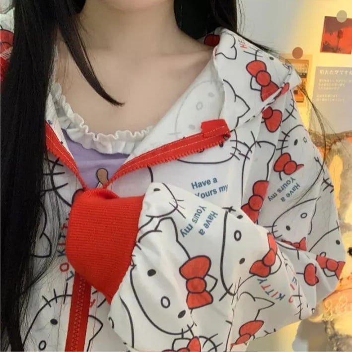 Cute Kitty Cat Cartoon Print Oversized Zipper Hoodie Sweatshirt Long Sleeve Pullover Aesthetic Casual Summer E-Girl Kawaii Korean Japanese Harajuku
