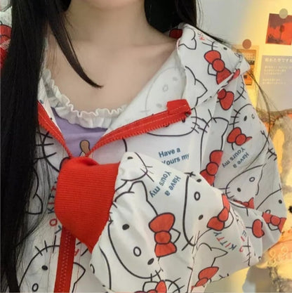 Cute Kitty Cat Cartoon Print Oversized Zipper Hoodie Sweatshirt Long Sleeve Pullover Aesthetic Casual Summer E-Girl Kawaii Korean Japanese Harajuku