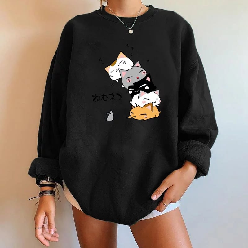 Cute Cat Print Oversized Sweatshirt Pullover Sweater Hoodie Aesthetic Casual E-Girl Kawaii Korean Japanese Harajuku