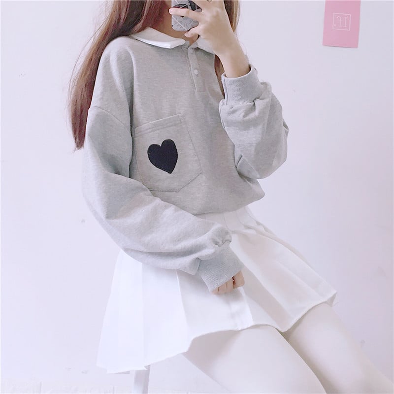 Cute Heart Embroidery Pocket Oversized Sweater Long Sleeve Shirt Pullover Hoodie Sweatshirt E-Girl Kawaii Korean Japanese Harajuku Retro Streetwear