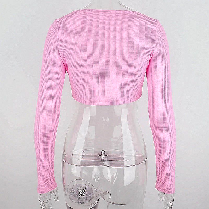 Pink Ribbed Long Sleeve Crop Top