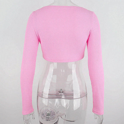 Pink Ribbed Long Sleeve Crop Top