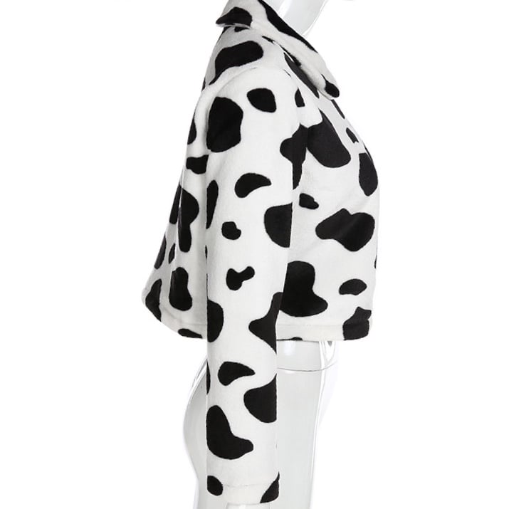 Cute Cow Animal Print Faux Fur Coat Jacket Zipper Sweater Jumper Casual E-Girl Kawaii Korean Japanese Harajuku Chinese Retro Streetwear Aesthetic