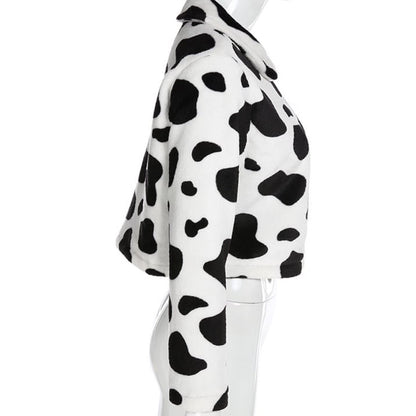 Cute Cow Animal Print Faux Fur Coat Jacket Zipper Sweater Jumper Casual E-Girl Kawaii Korean Japanese Harajuku Chinese Retro Streetwear Aesthetic